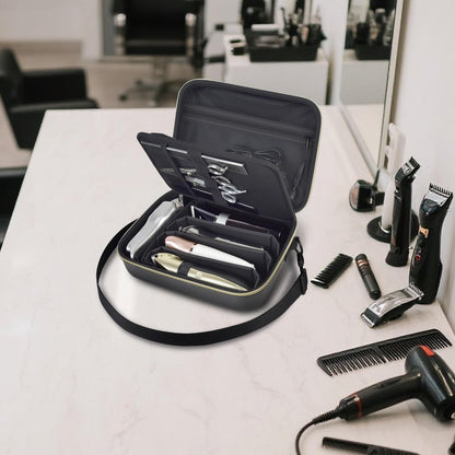 Casmilee universal barber case organizer standing vertically next to professional grooming accessories.