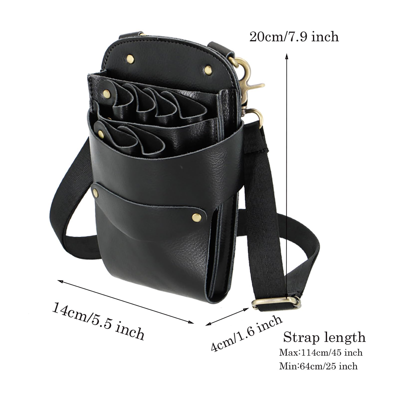 Black cowhide leather hairdressing tools bag showing main compartment for clippers and combs