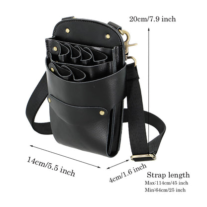 Black cowhide leather hairdressing tools bag showing main compartment for clippers and combs