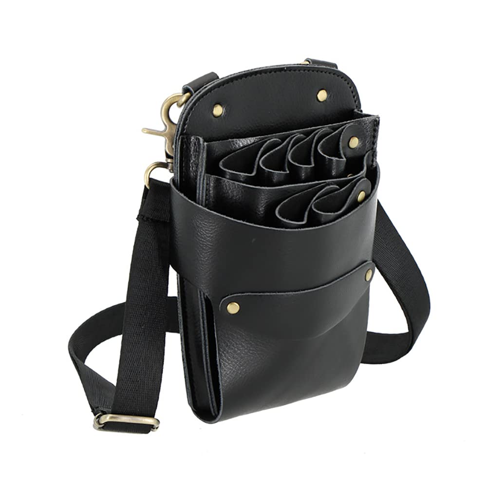 Professional hair stylist wearing Aolaso leather scissor holster on waist