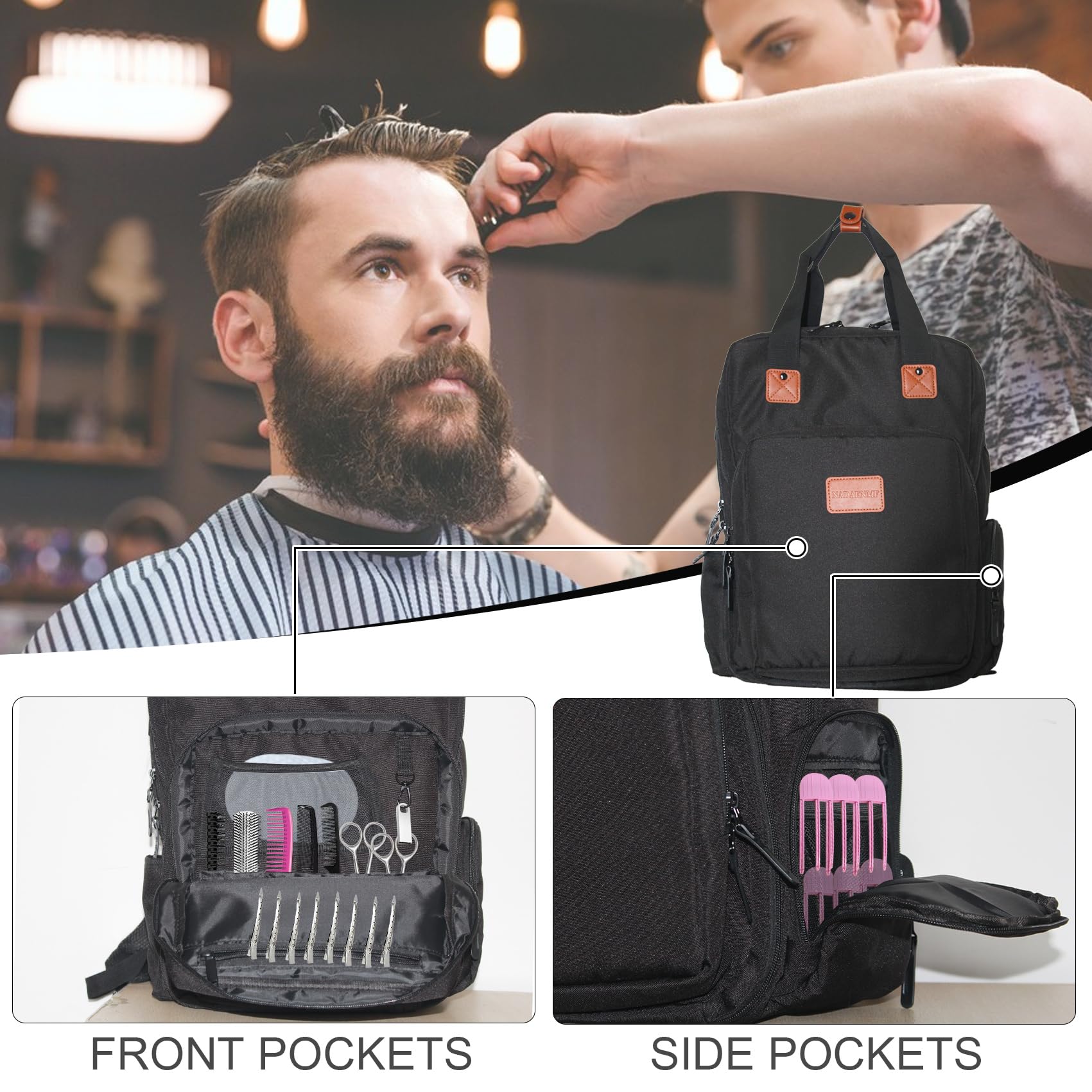 NADAENMF professional clipper organizer bookbag back view demonstrating the padded ergonomic shoulder straps.