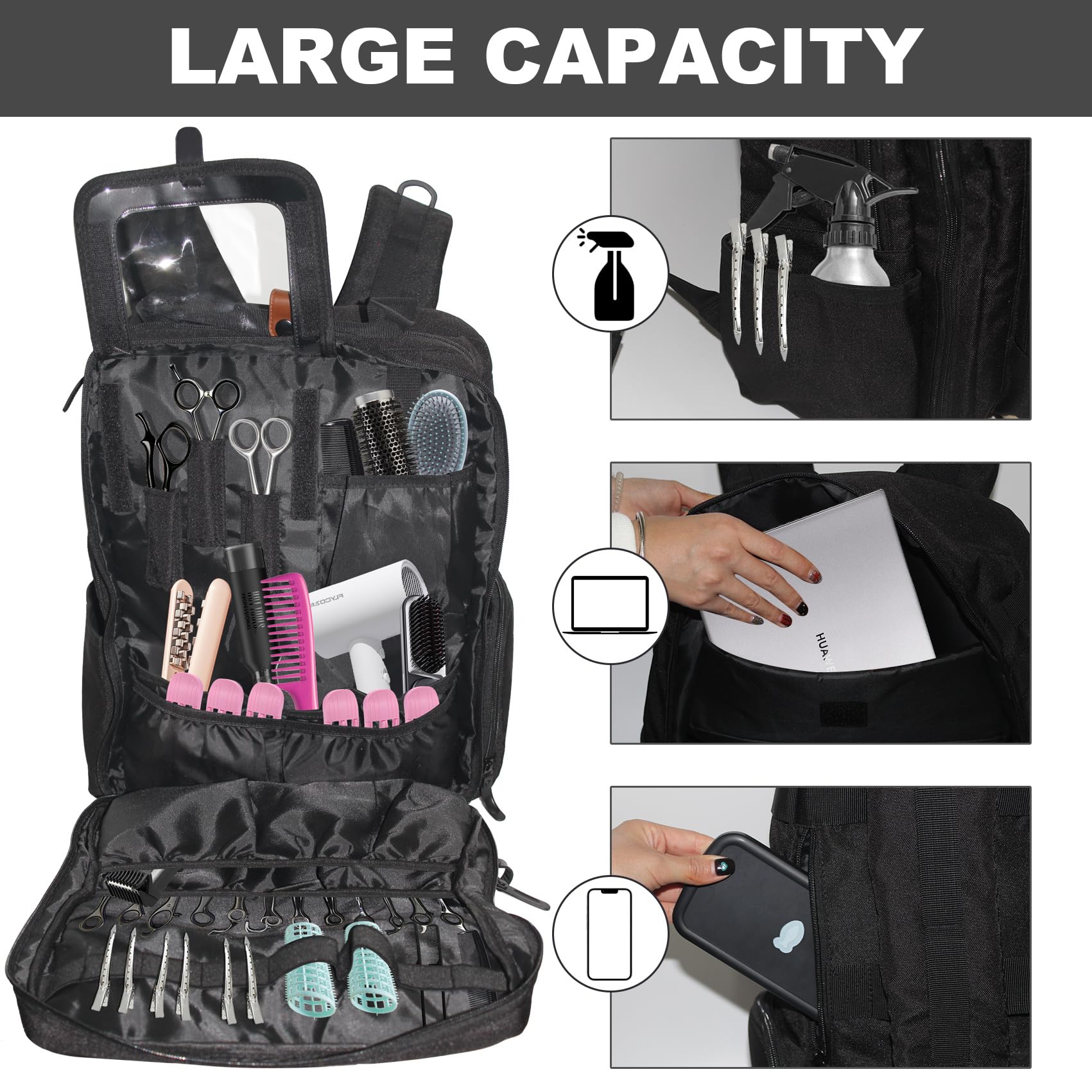 NADAENMF hair cutting kit storage case interior showing dedicated mesh slots for combs and shears.