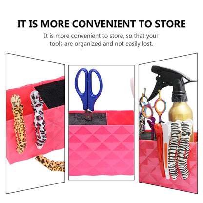 Pink haircut tool holder placed next to mirrors in a modern Indian barbershop setup