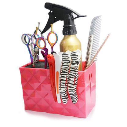 Top angle view of Uonlytech hair scissor container filled with various professional salon clips
