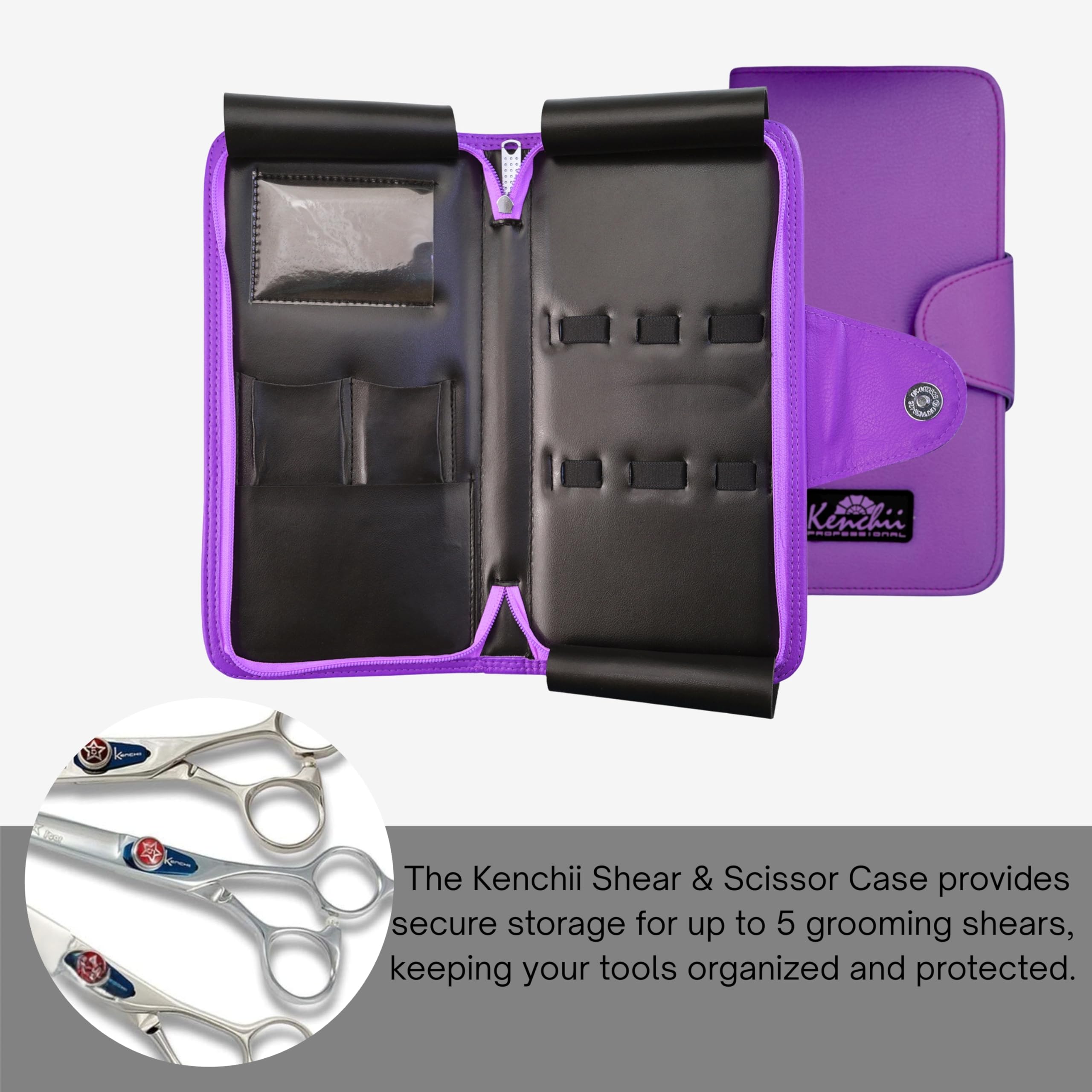 Kenchii purple faux leather protective case showing interior slots for five shears