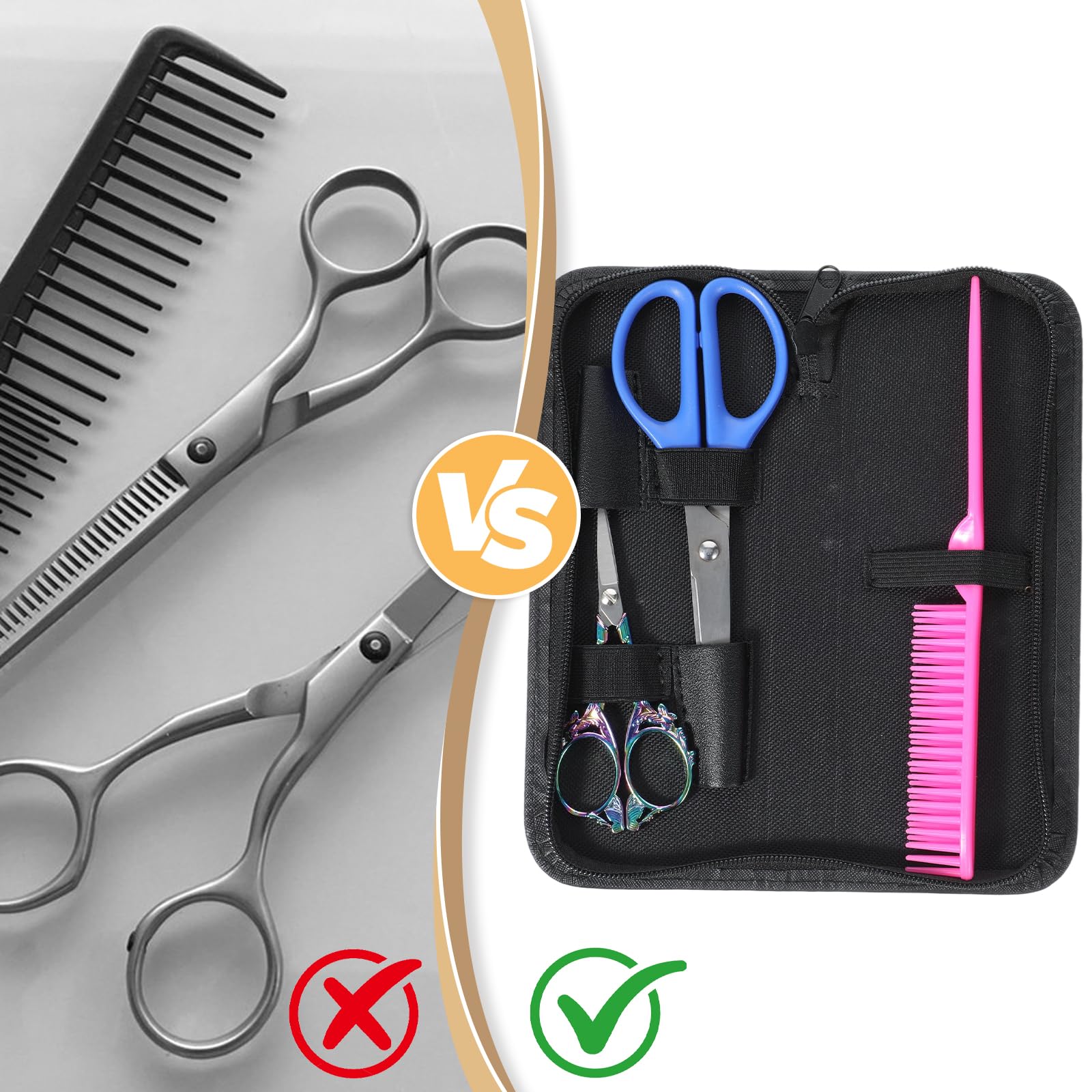 Molain hairdresser storage pouch placed on a salon counter next to styling accessories to show relative scale.
