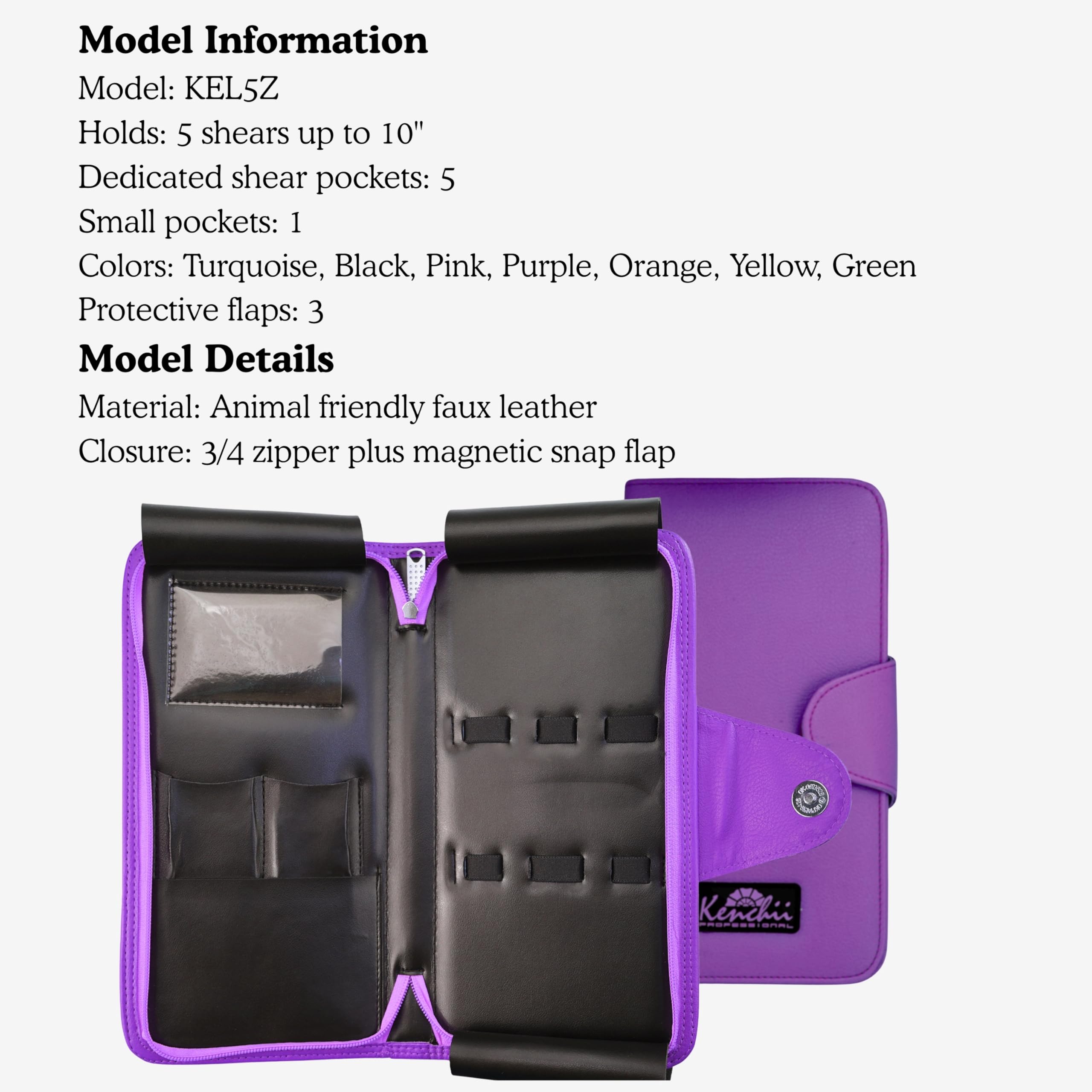 Kenchii KEL5Z purple professional scissor holder closed view with magnetic snap closure