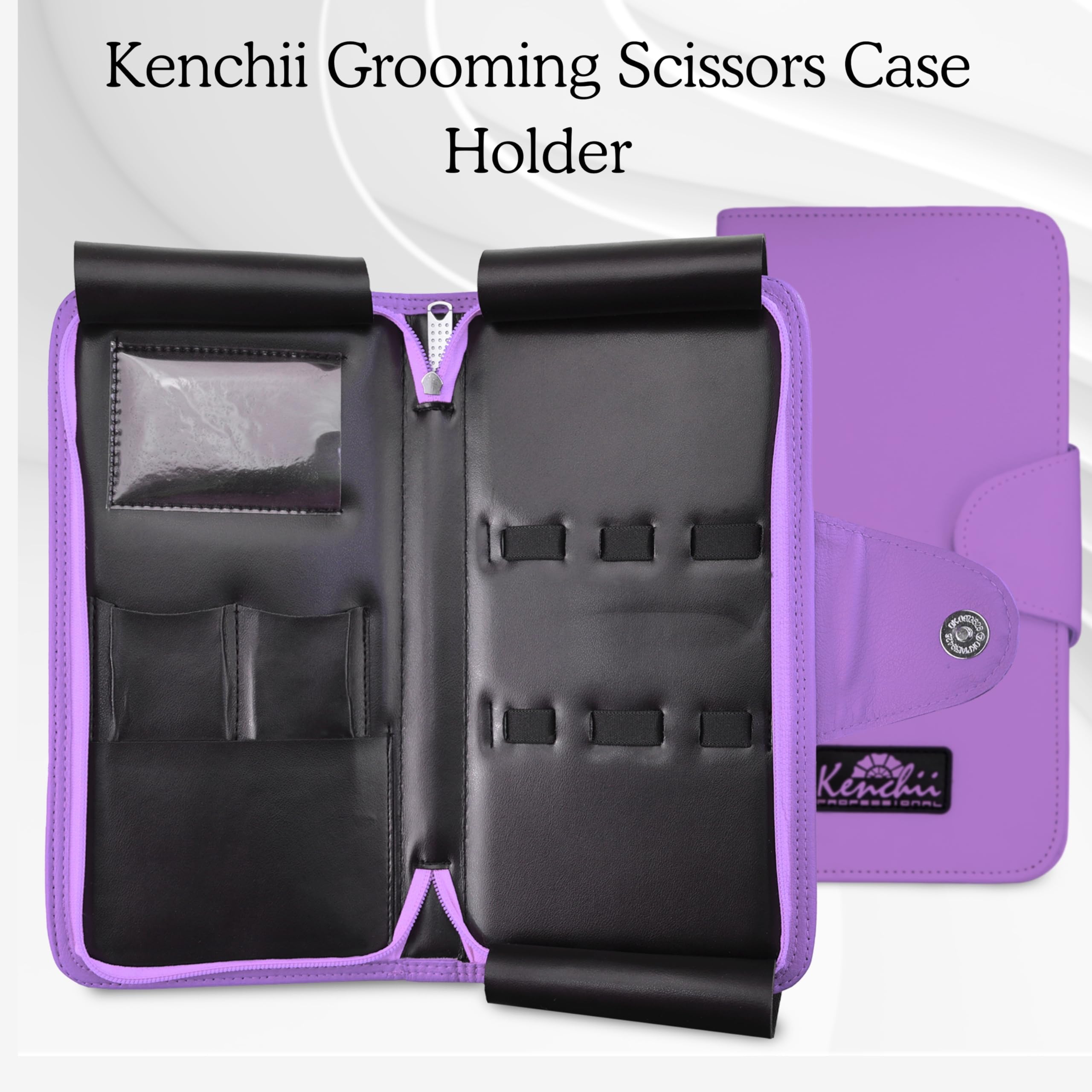 Kenchii premium faux leather grooming shear organizer bag showing zipper and protective flaps