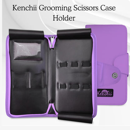 Kenchii premium faux leather grooming shear organizer bag showing zipper and protective flaps