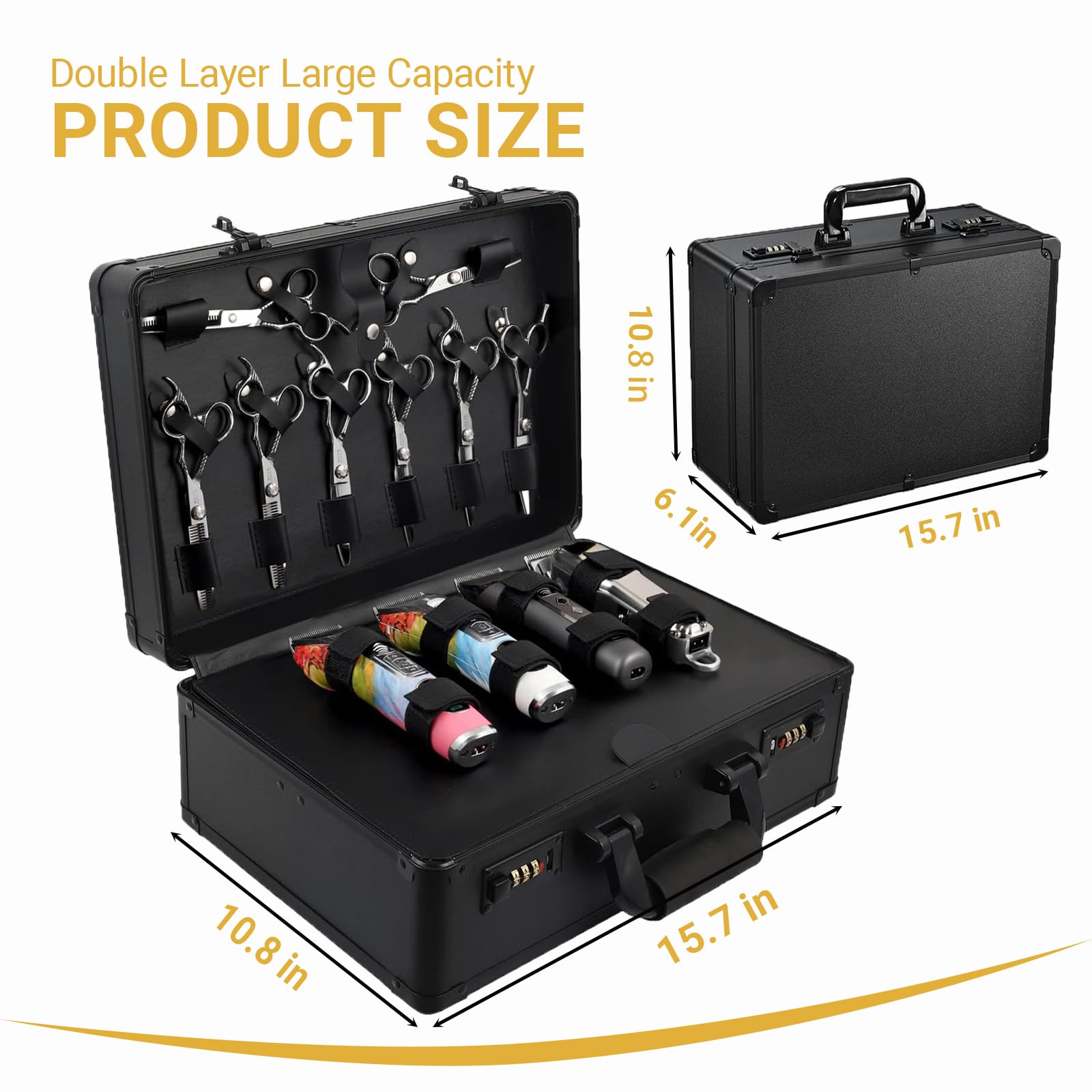 Open double layer barber briefcase tool case displaying adjustable dividers with hair clippers and trimmers