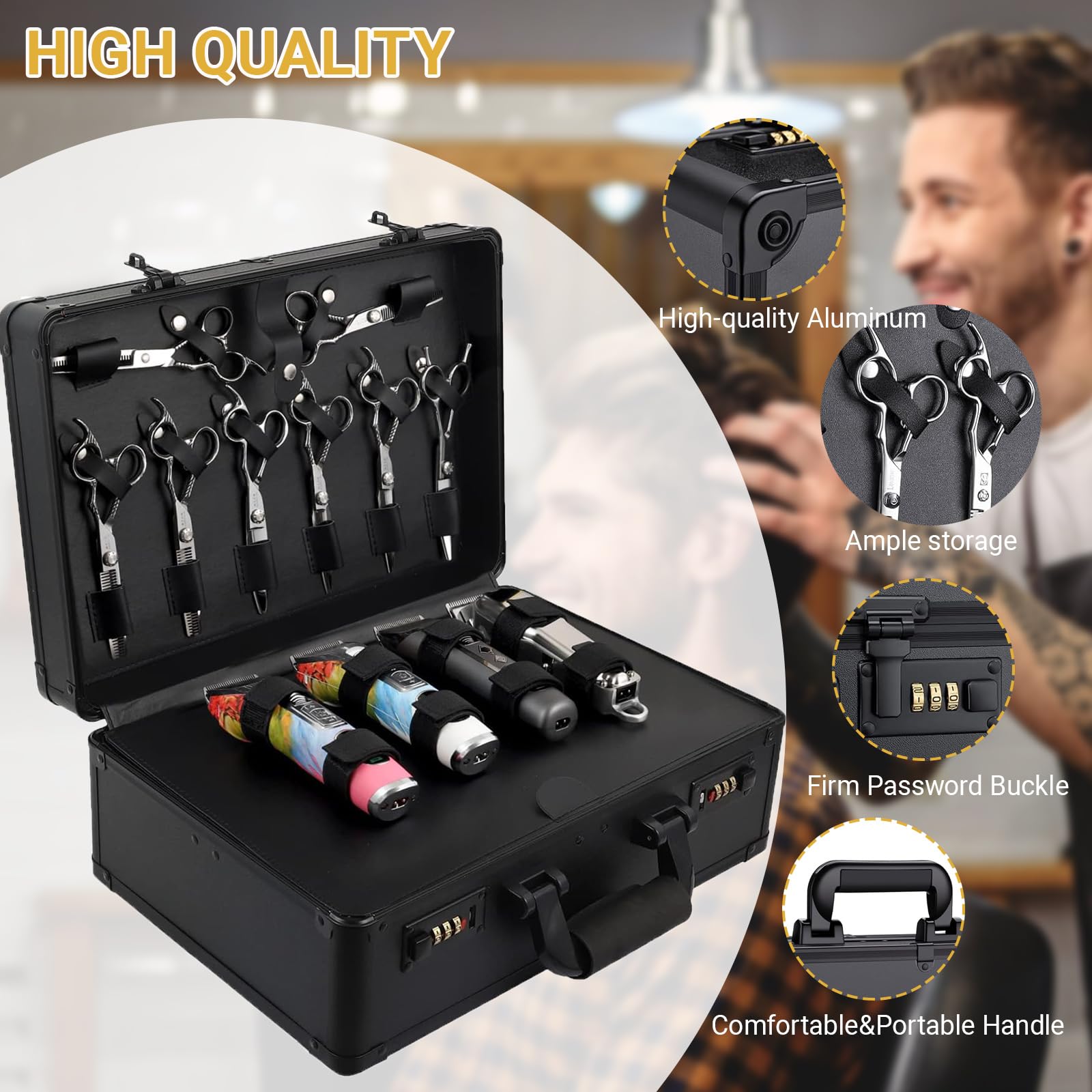 Side angle view of the heavy duty portable salon suitcase highlighting the reinforced corners and ergonomic handle