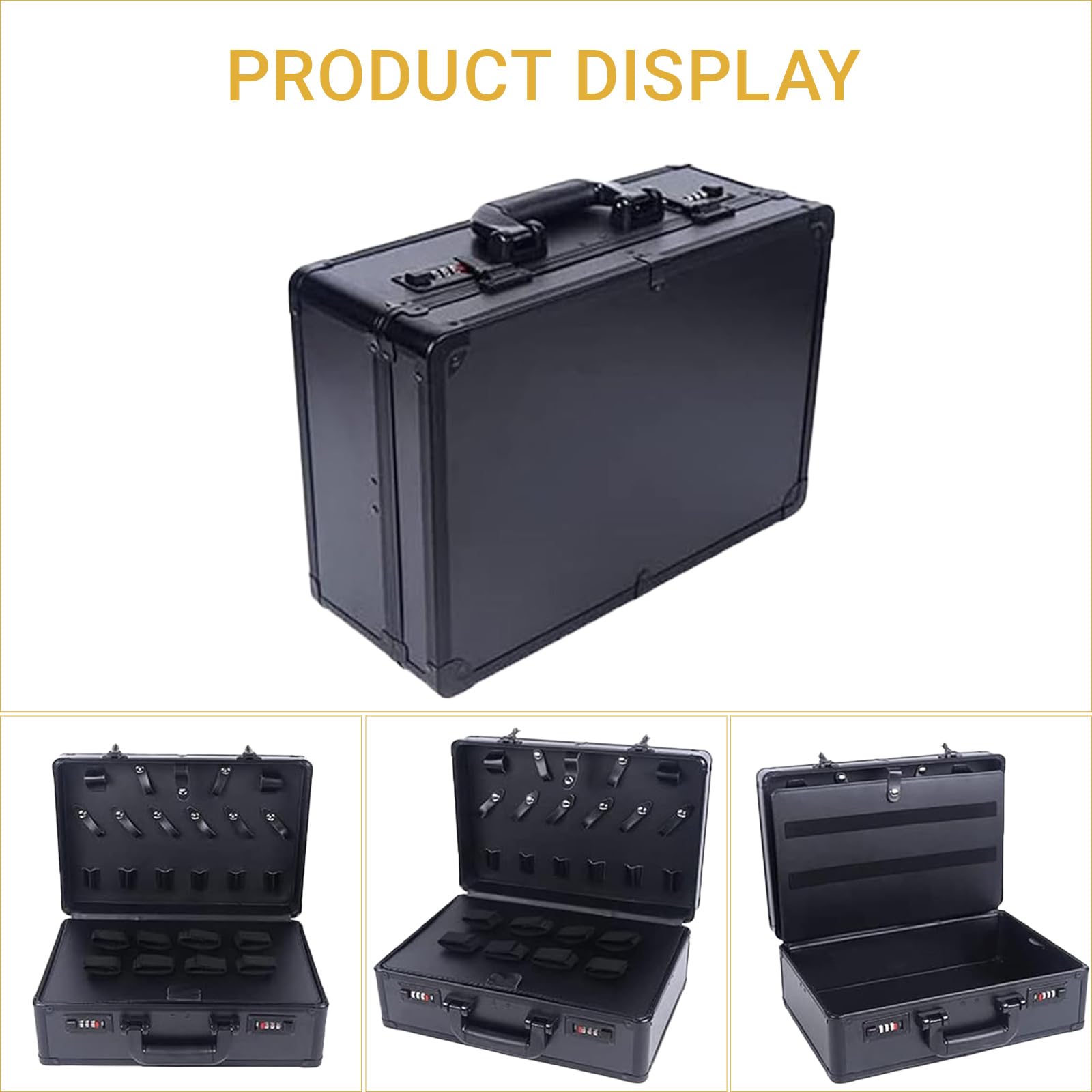 Close up view of the secure locking mechanism on the black aluminum beauty styling tool box