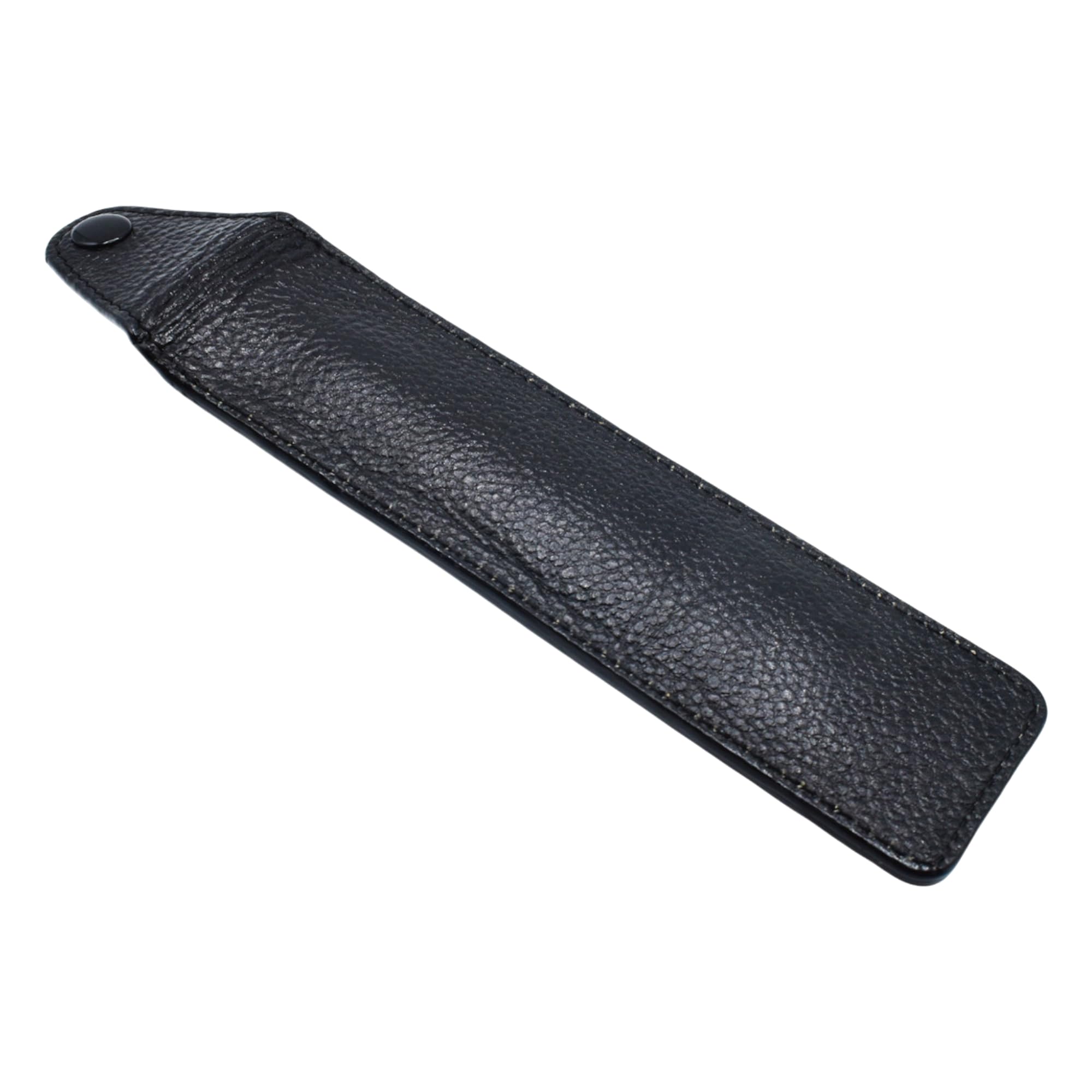 Side profile of the compact leather razor sleeve highlighting the secure snap-lock closure design.