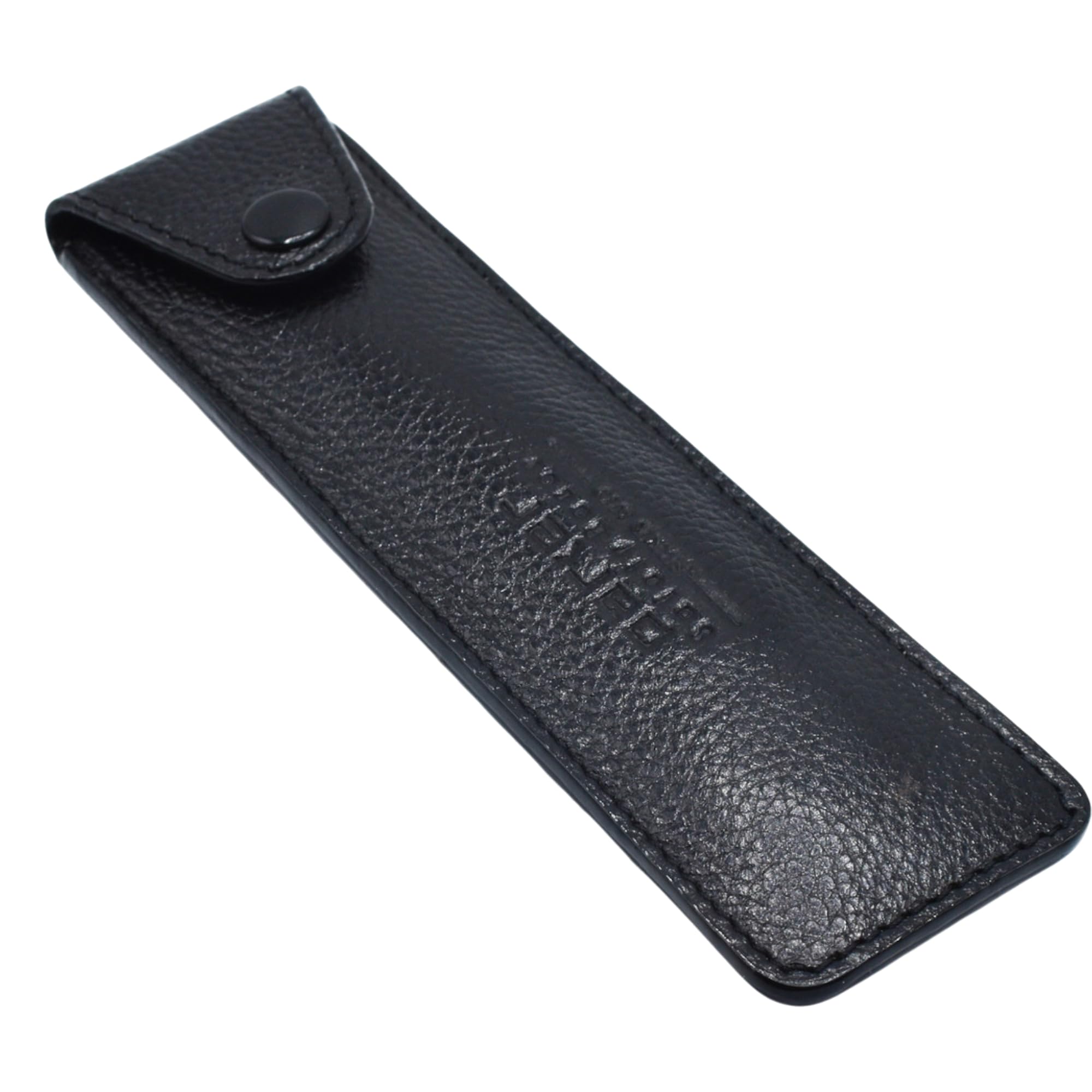 Parker folding straight razor travel cover showing durable stitched seams and professional finish.