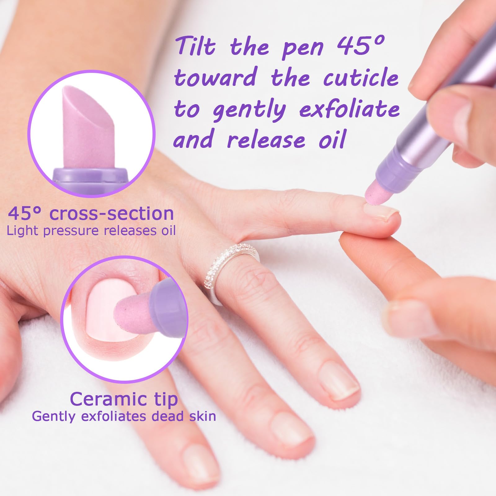 Applying cuticle oil from Sinbana pen to nail base