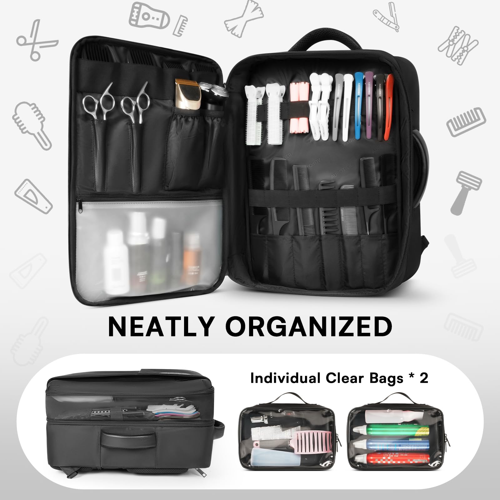 Aurotier barber backpack open view displaying adjustable dividers filled with professional hair tools.