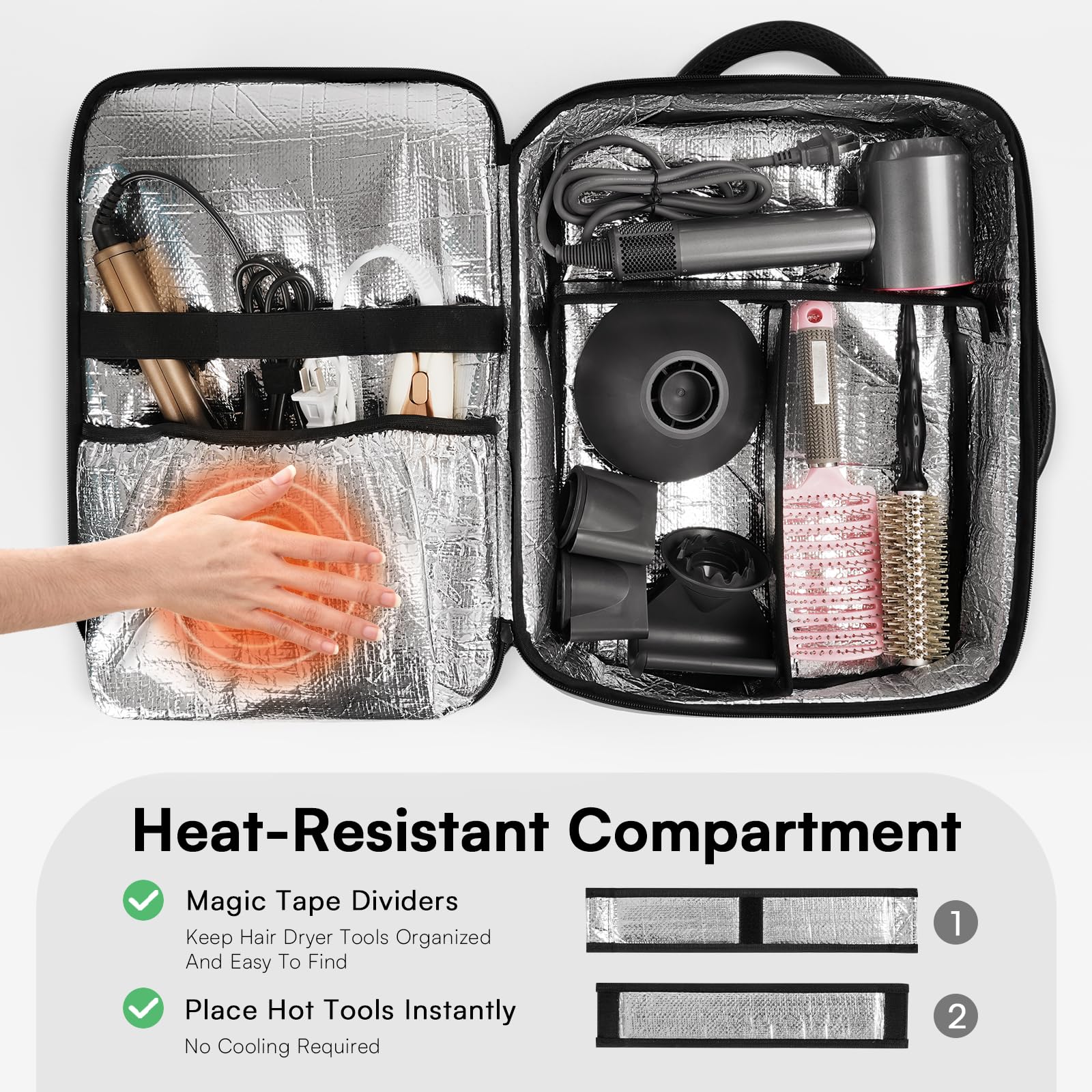 Aurotier cosmetology bag showing two removable accessory pouches and internal mesh storage compartments.