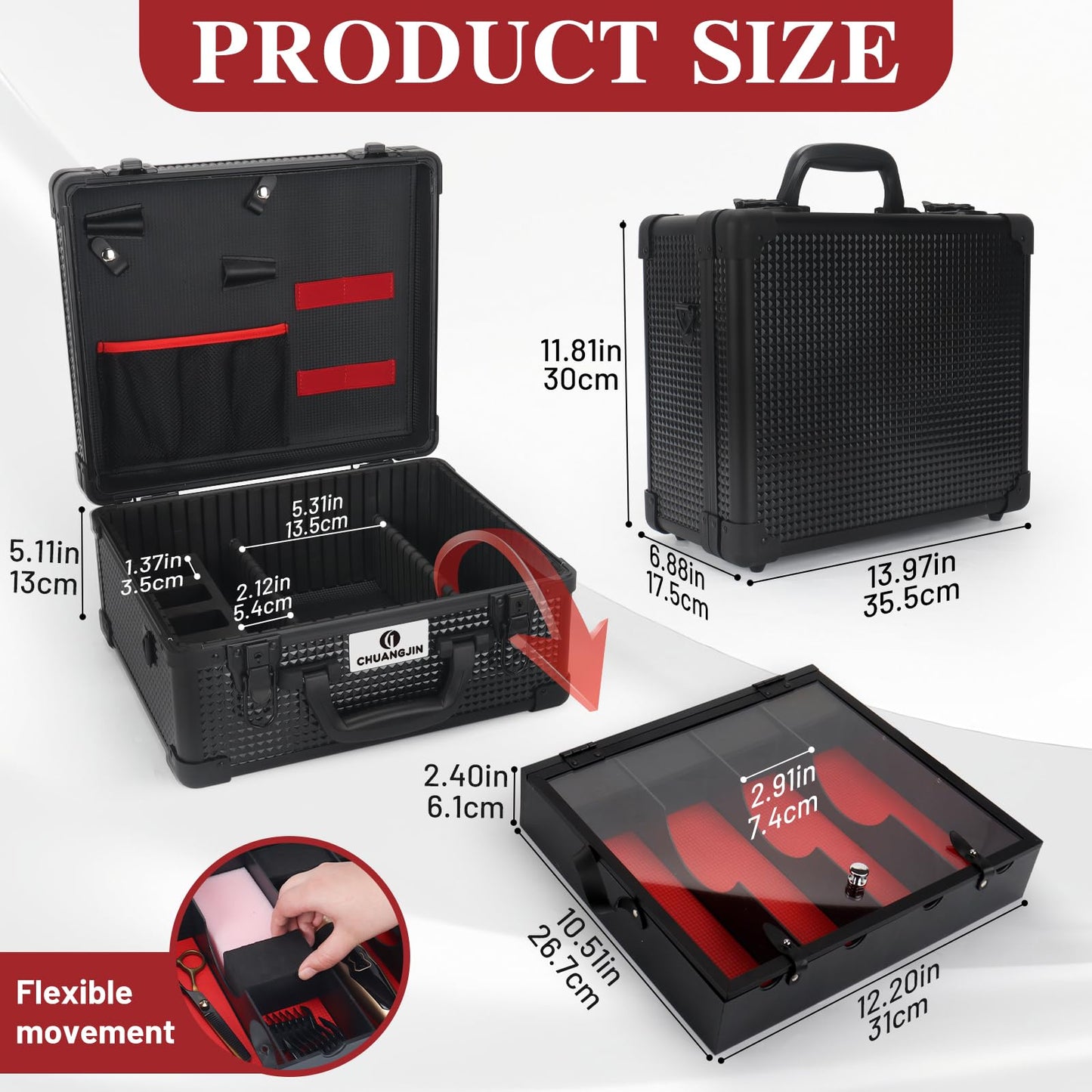 CHUANGJIN hairdresser tool box organizer open view displaying the removable tray holding four hair clippers