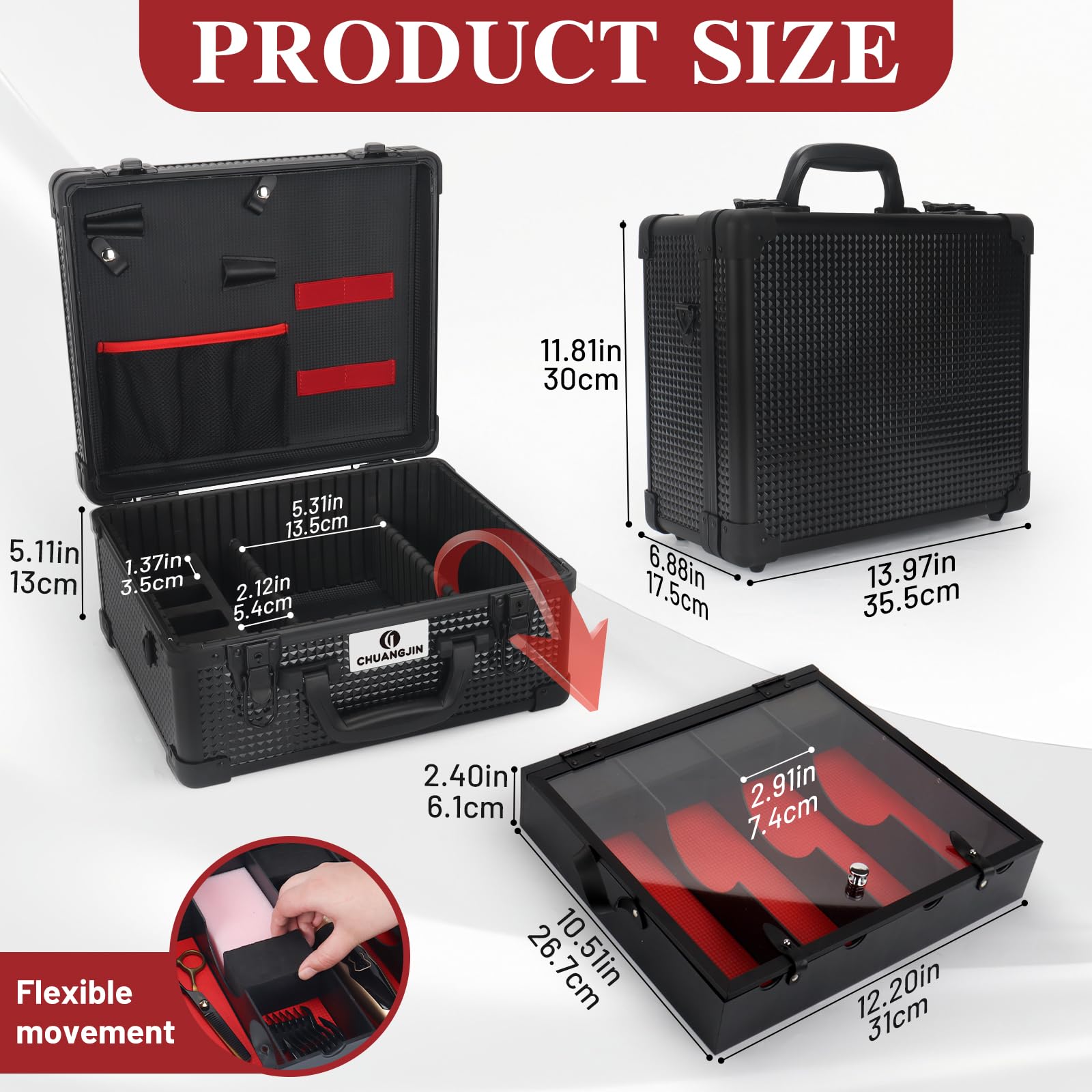 CHUANGJIN hairdresser tool box organizer open view displaying the removable tray holding four hair clippers