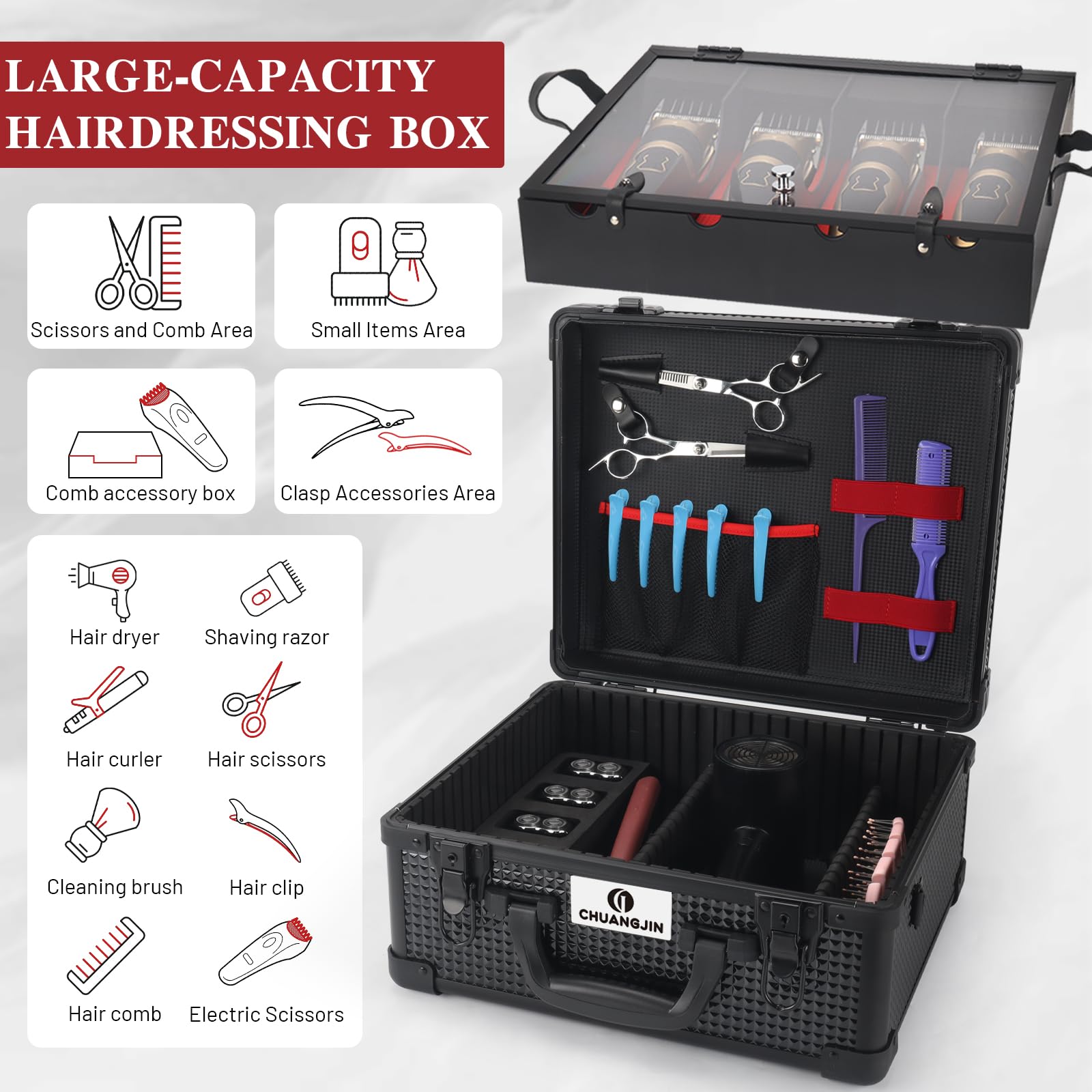 CHUANGJIN travel barber suitcase showcasing the red interior accents with shears and combs organized under the lid