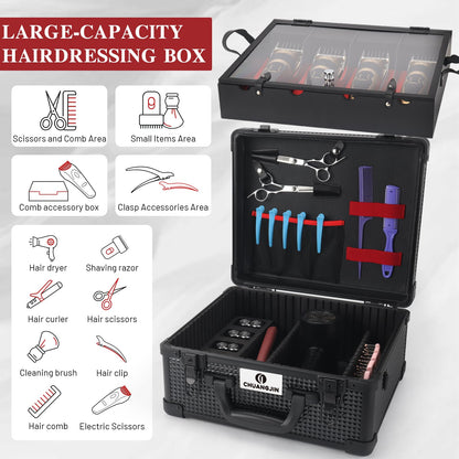 CHUANGJIN travel barber suitcase showcasing the red interior accents with shears and combs organized under the lid