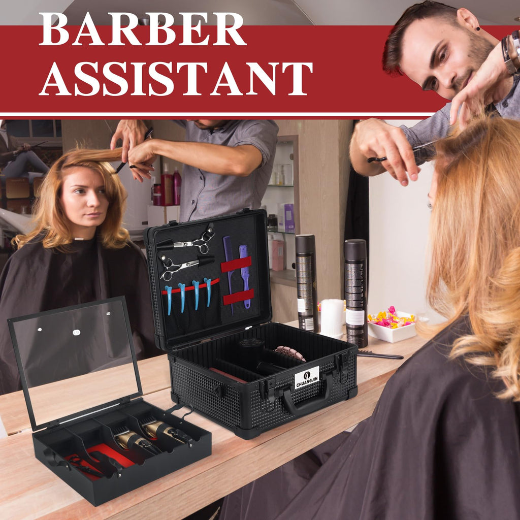 Professional grooming organizer case set up with styling tools