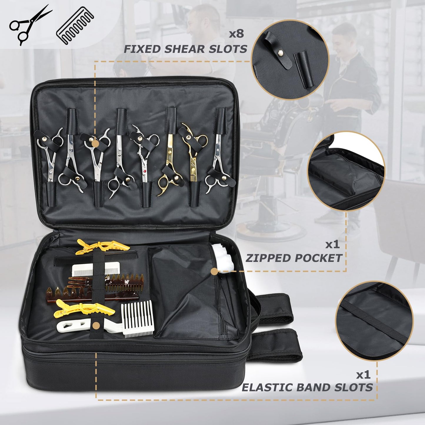 Yueieoun hairdresser backpack open compartment displaying the detachable clipper tray layout