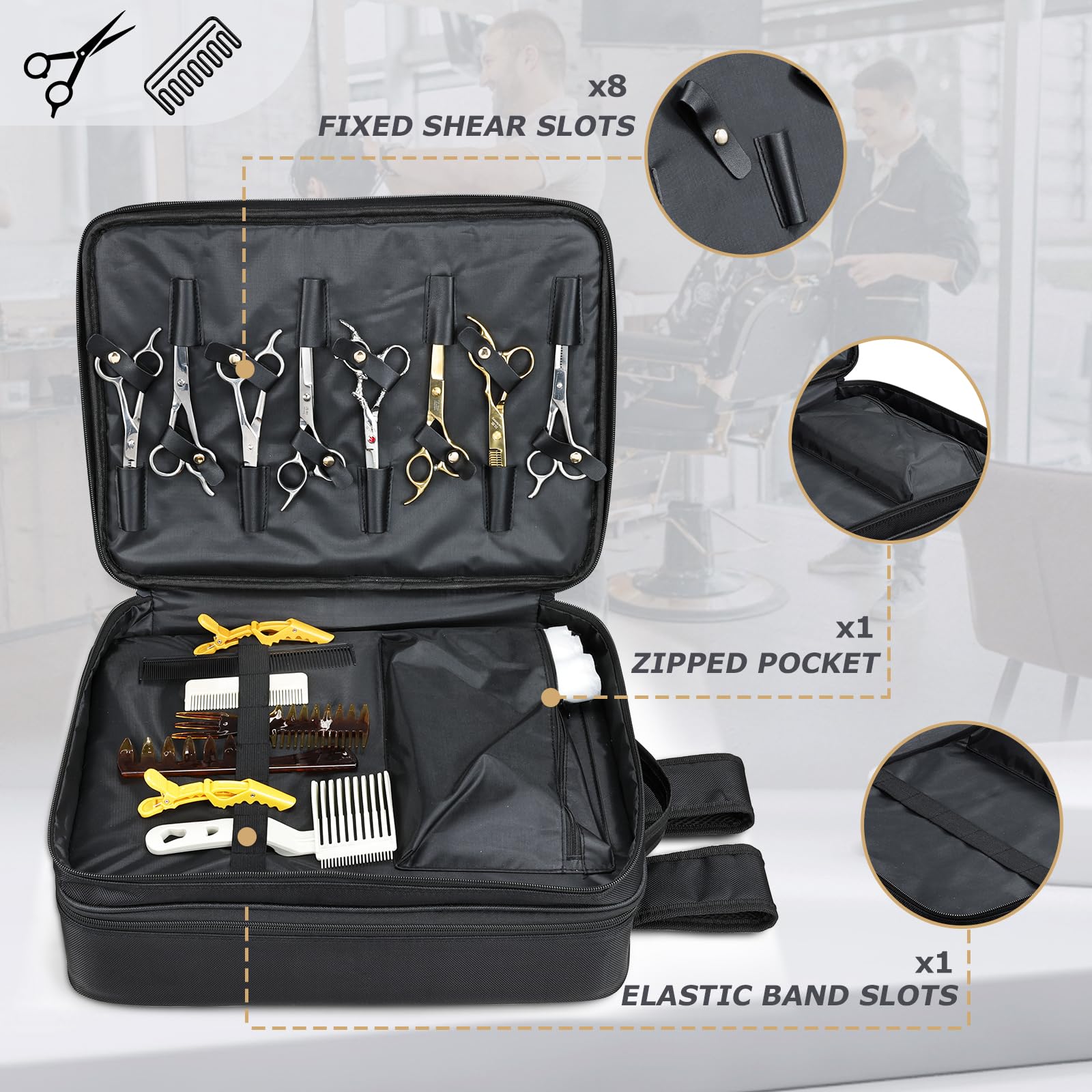 Yueieoun hairdresser backpack open compartment displaying the detachable clipper tray layout