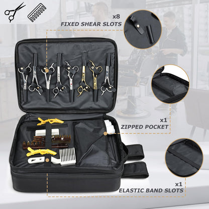 Yueieoun hairdresser backpack open compartment displaying the detachable clipper tray layout