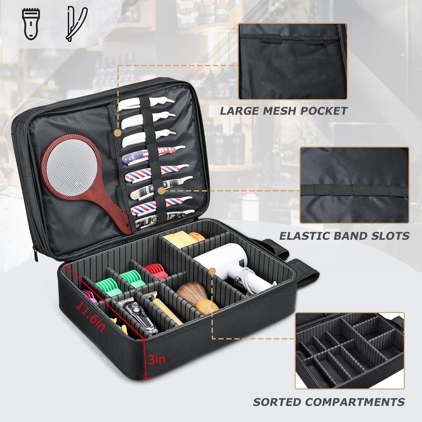 Yueieoun mobile salon case showcasing the adjustable dividers and clipper storage slots