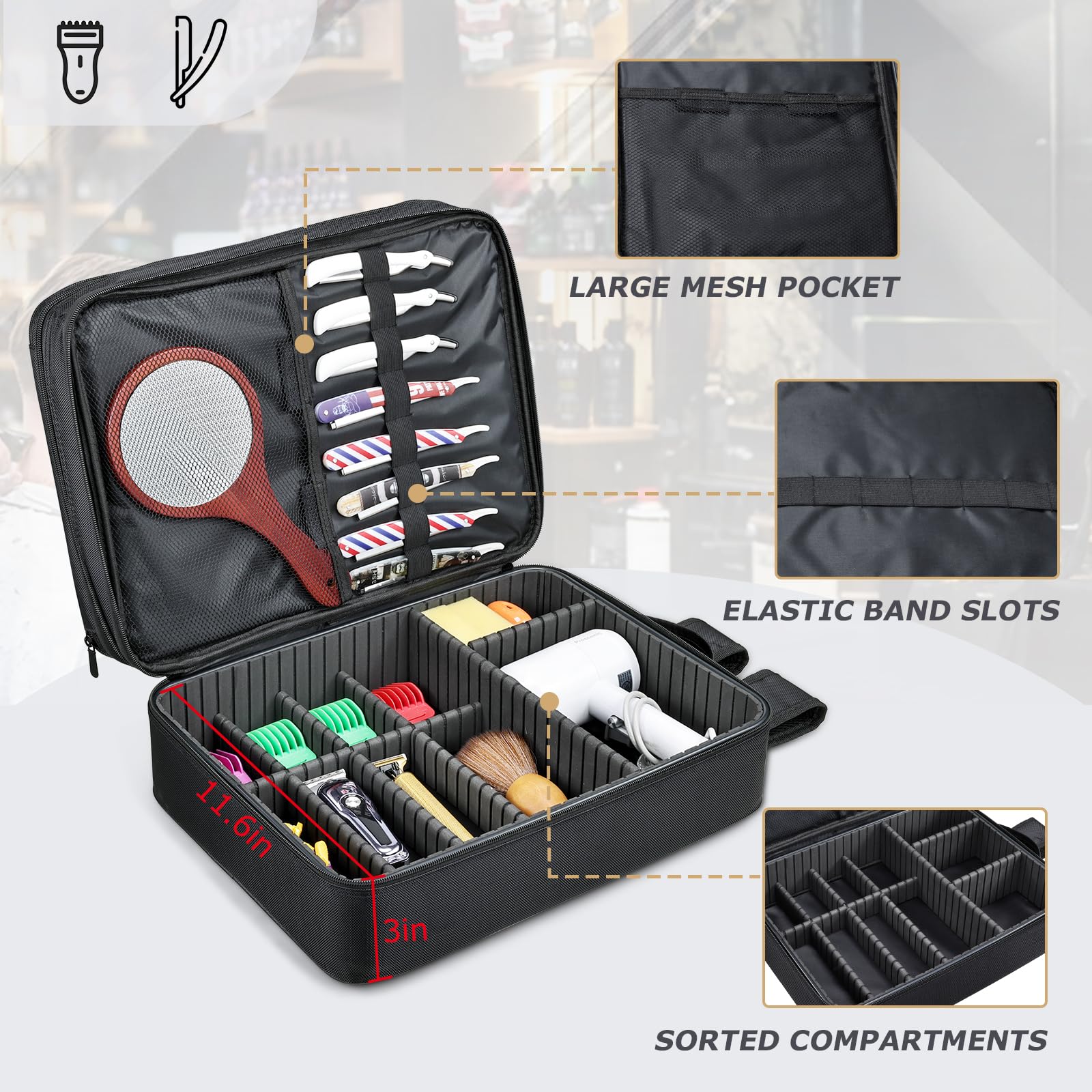 Yueieoun mobile salon case showcasing the adjustable dividers and clipper storage slots
