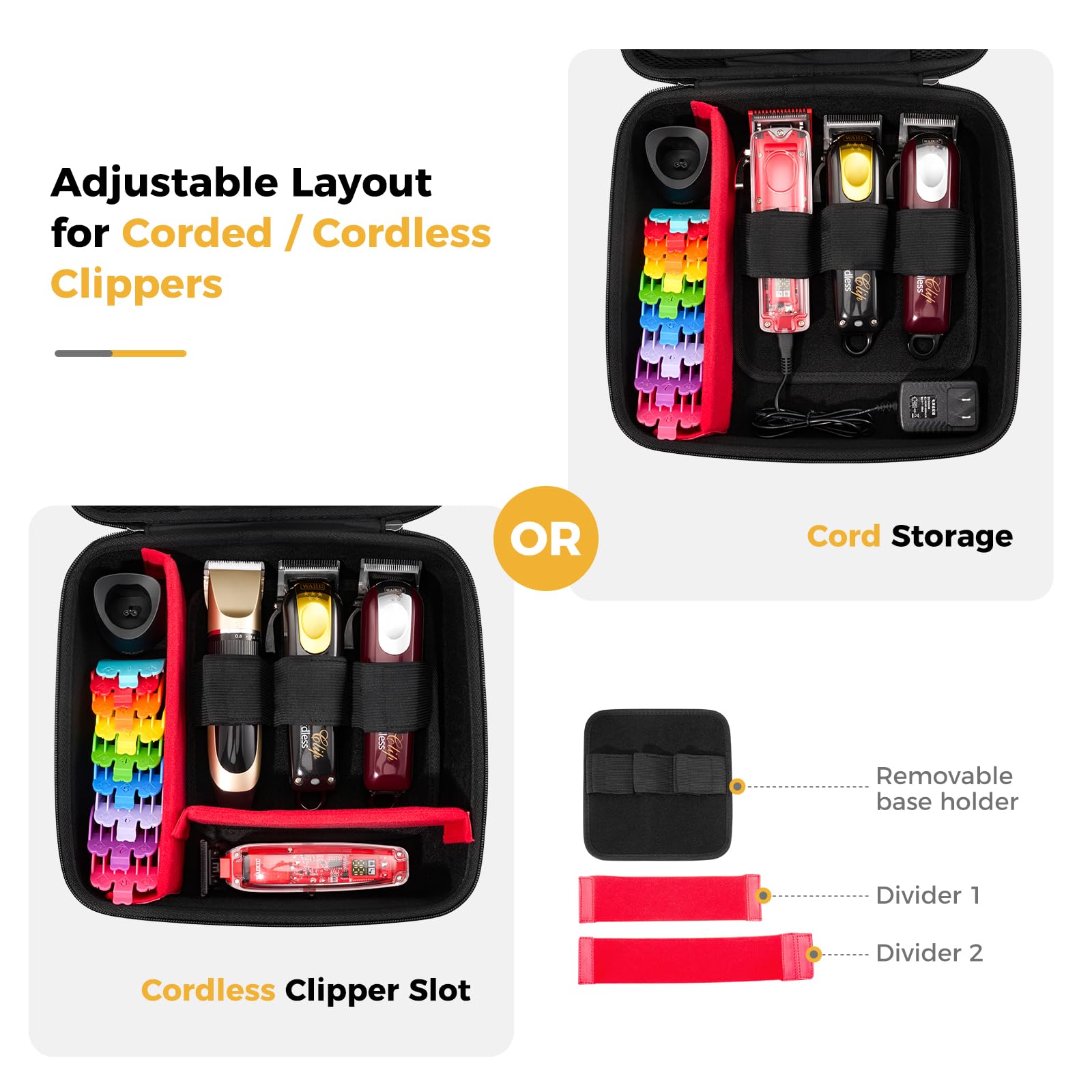 ProCase large barber tool organizer case open view displaying adjustable DIY velcro dividers holding cordless clippers