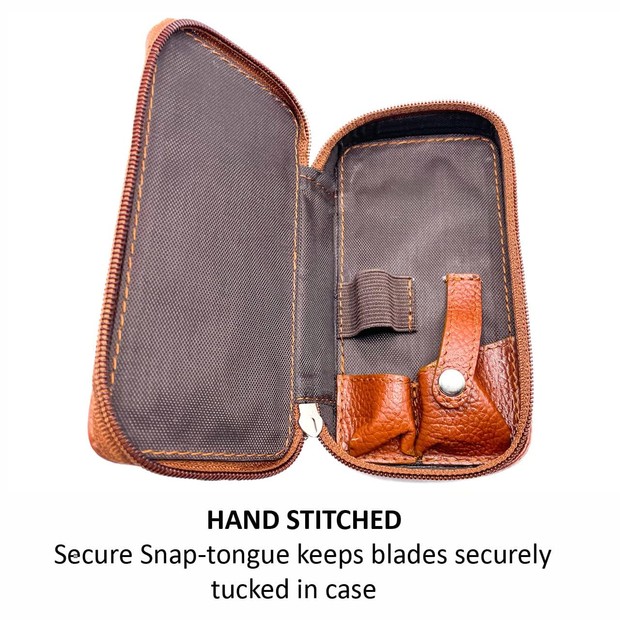 Genuine leather razor travel case interior with blade compartment