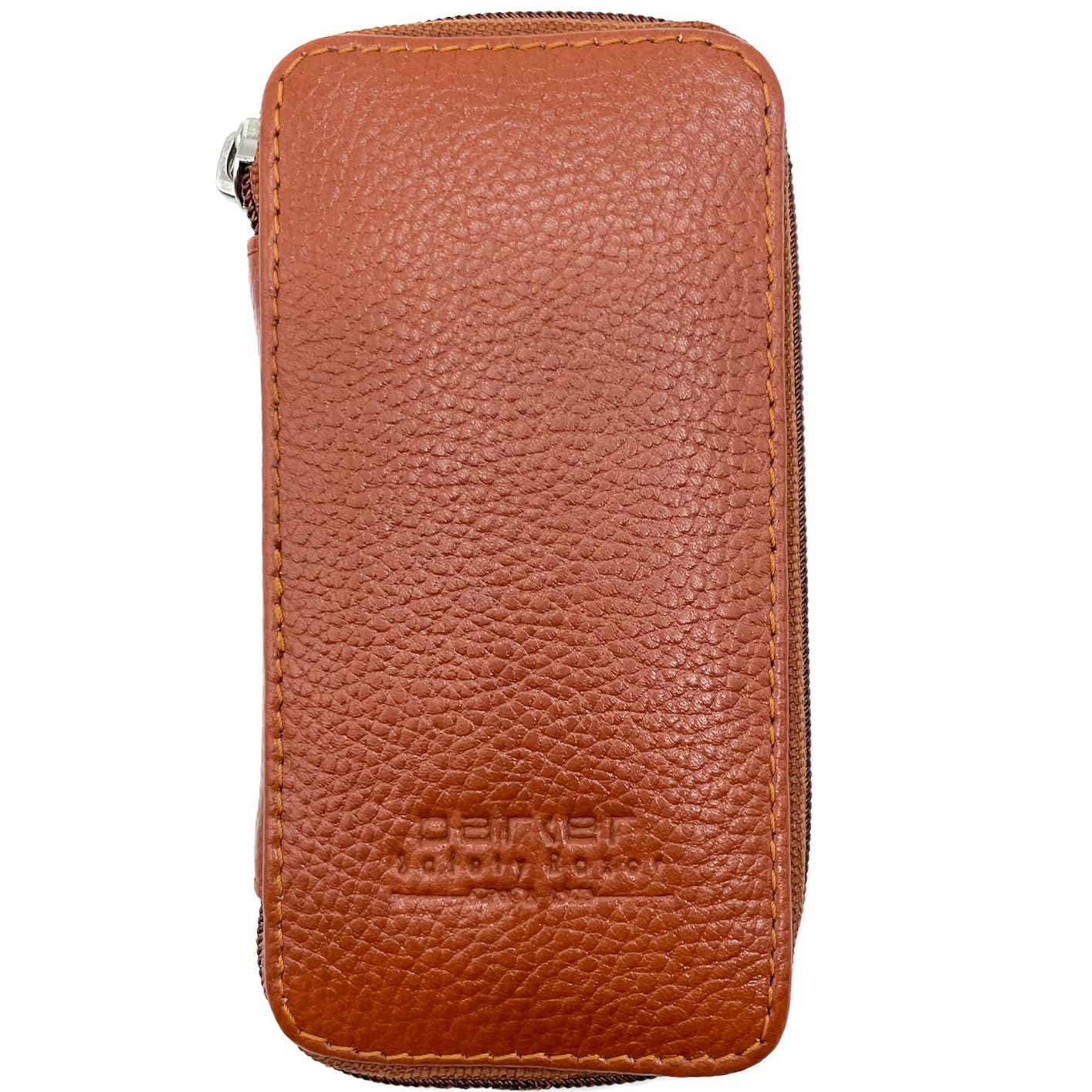 Parker safety razor hand stitched brown leather storage sleeve close up