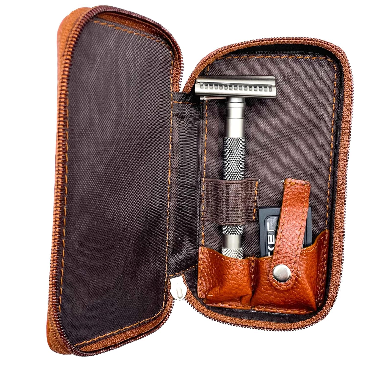 Premium saddle brown leather zippered pouch for wet shaving tools