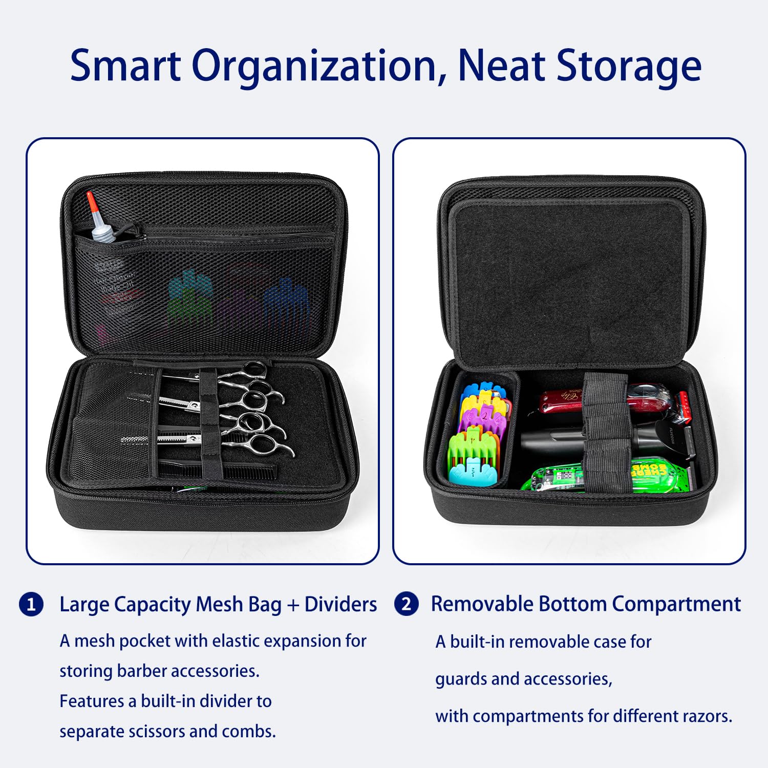 Jeachan trimmer organizer storage bag open view displaying internal adjustable dividers and elastic bands.