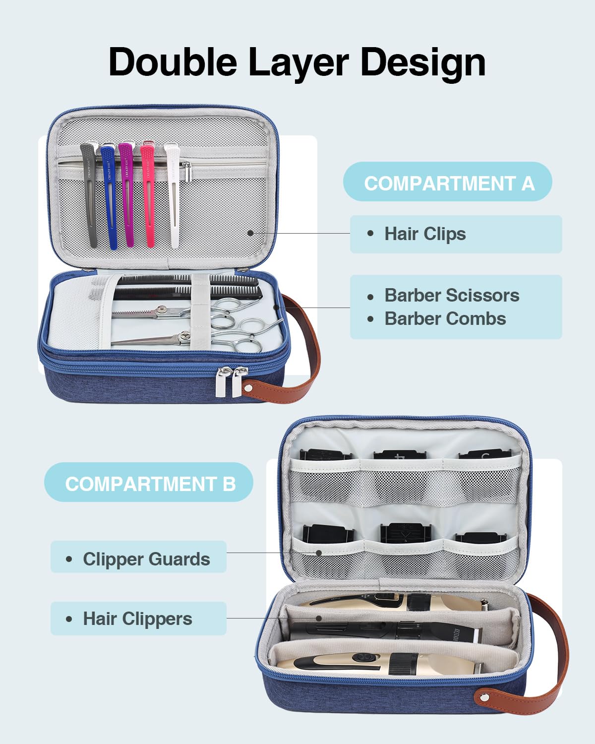Luxtude portable barber bag open view displaying double layer storage layout with mesh pockets