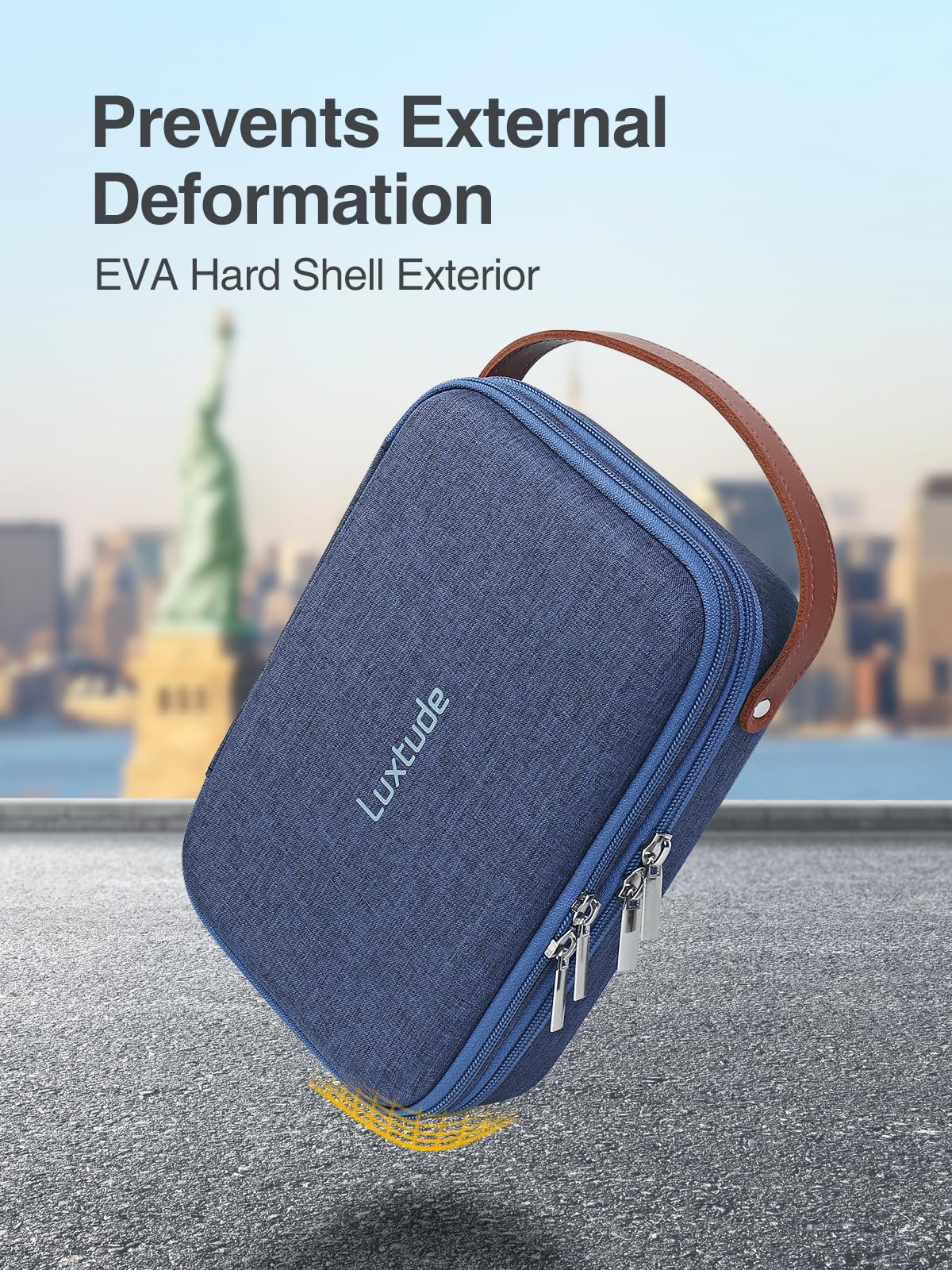 Luxtude compact grooming organizer bag next to travel luggage showcasing portable size