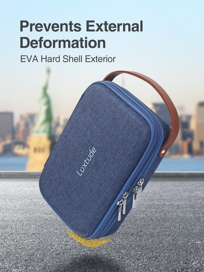 Luxtude compact grooming organizer bag next to travel luggage showcasing portable size