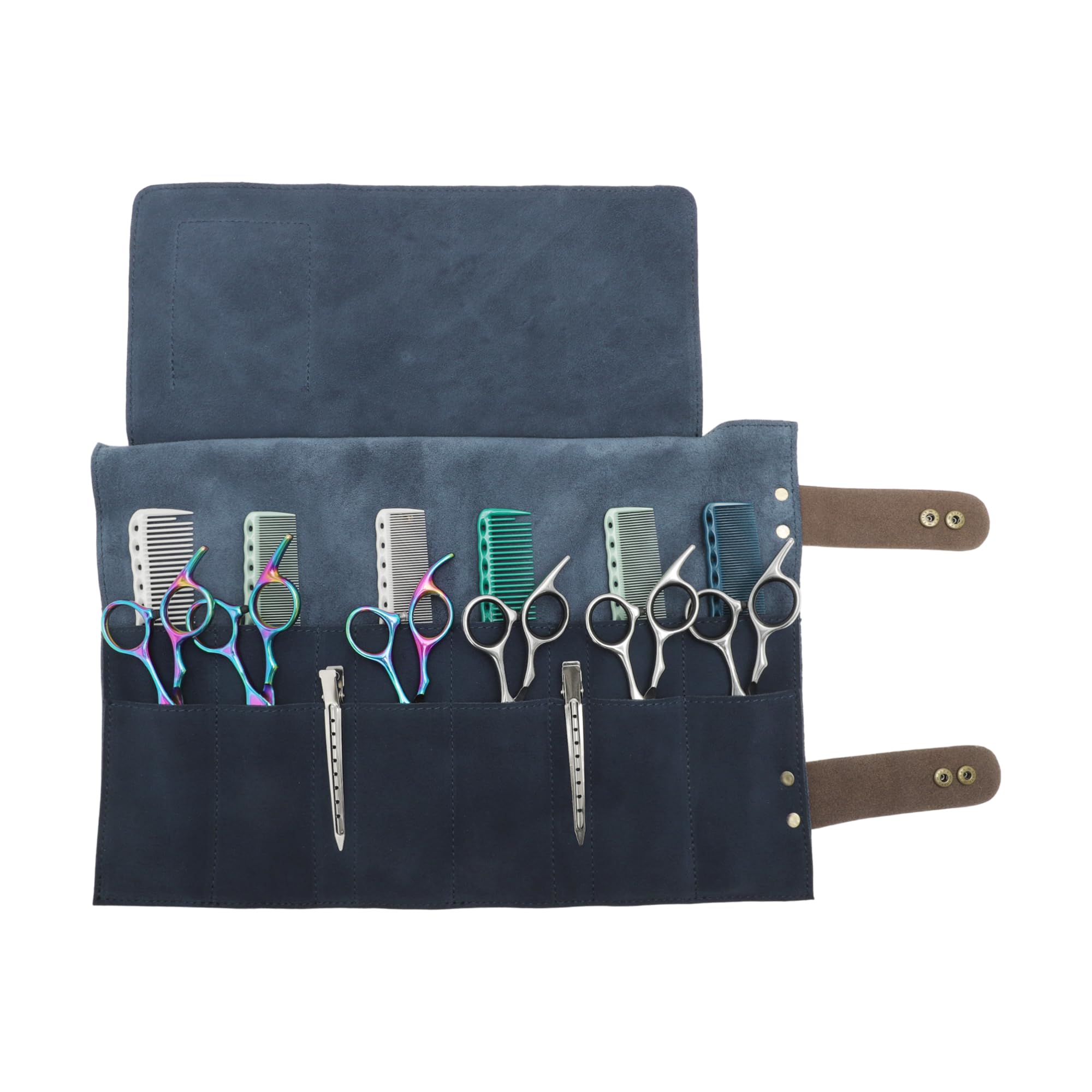 VOCOSTE hair scissor shears case unrolled showing twelve pocket layout