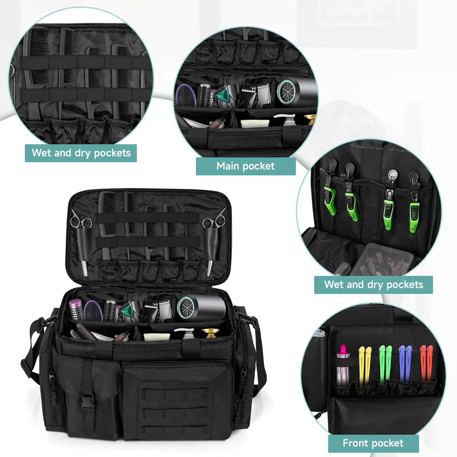 LASUK hairdresser travel bag displaying side exterior zip pockets and shoulder strap