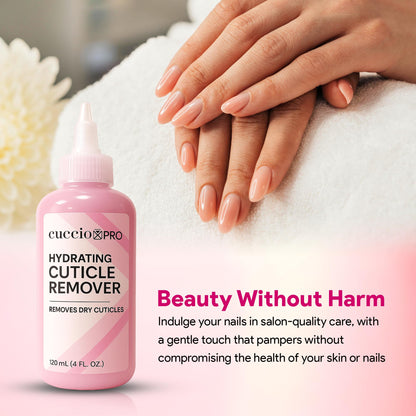 Side view of Cuccio Pro Hydrating Cuticle Remover 120 milliliter bottle