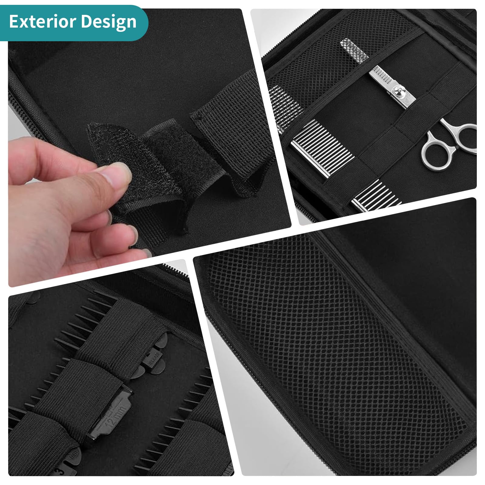 Hard EVA shell barber organizer bag showcasing elastic straps holding hair clippers securely