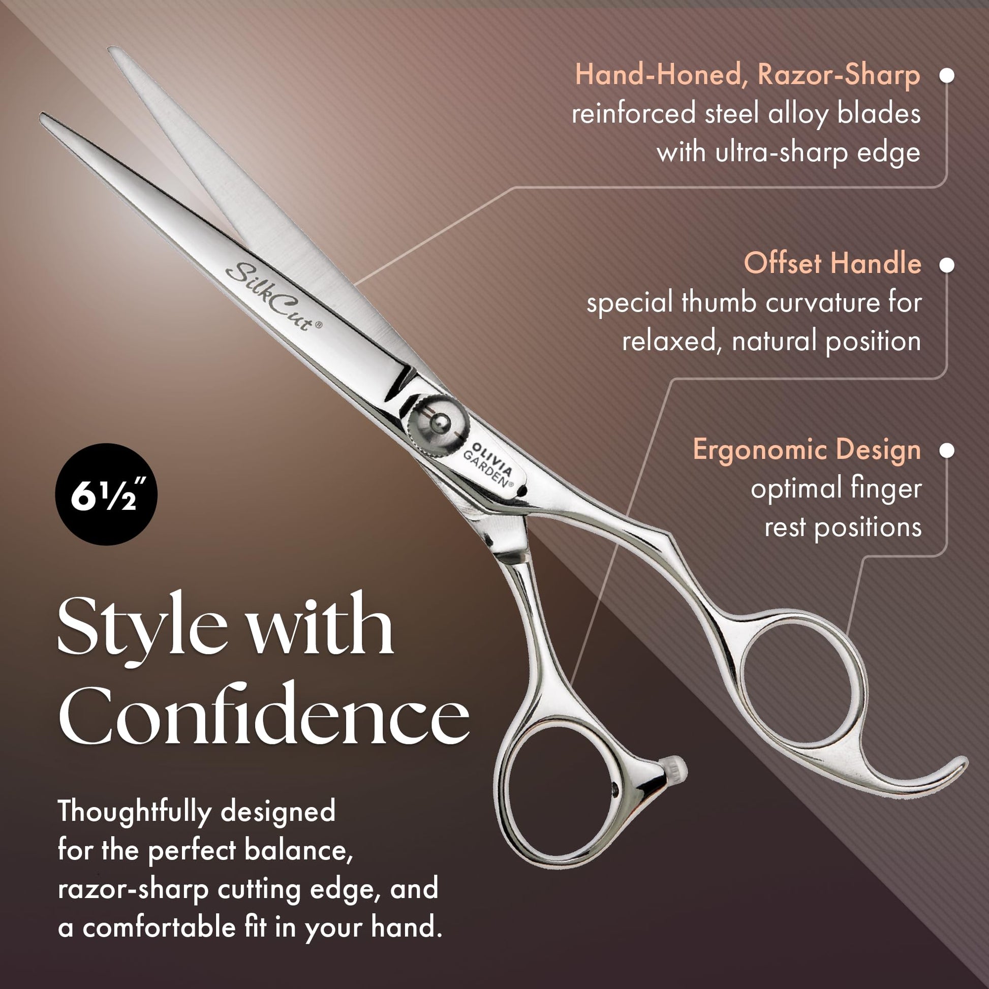 Olivia Garden hair cutting shear and thinning scissor displayed open next to the brown patterned zipper case