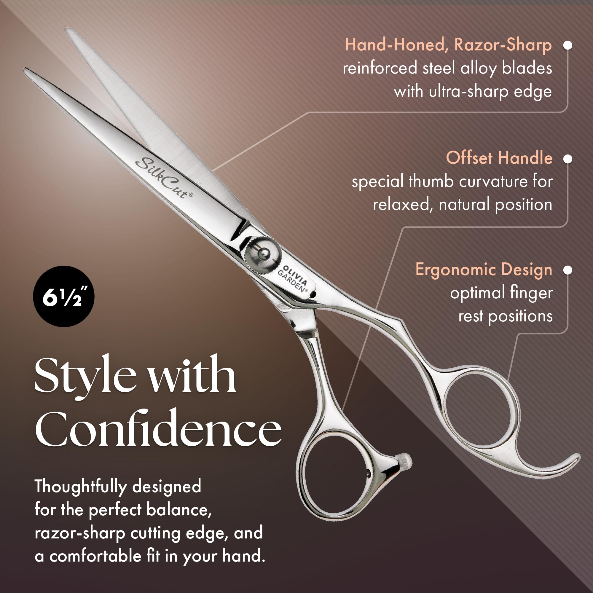 Olivia Garden hair cutting shear and thinning scissor displayed open next to the brown patterned zipper case