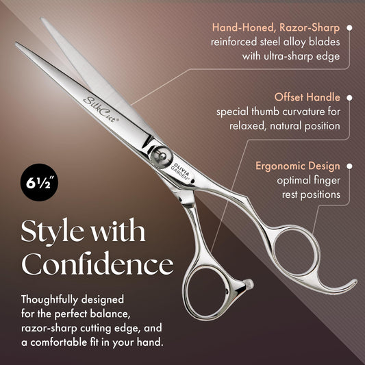 Olivia Garden hair cutting shear and thinning scissor displayed open next to the brown patterned zipper case