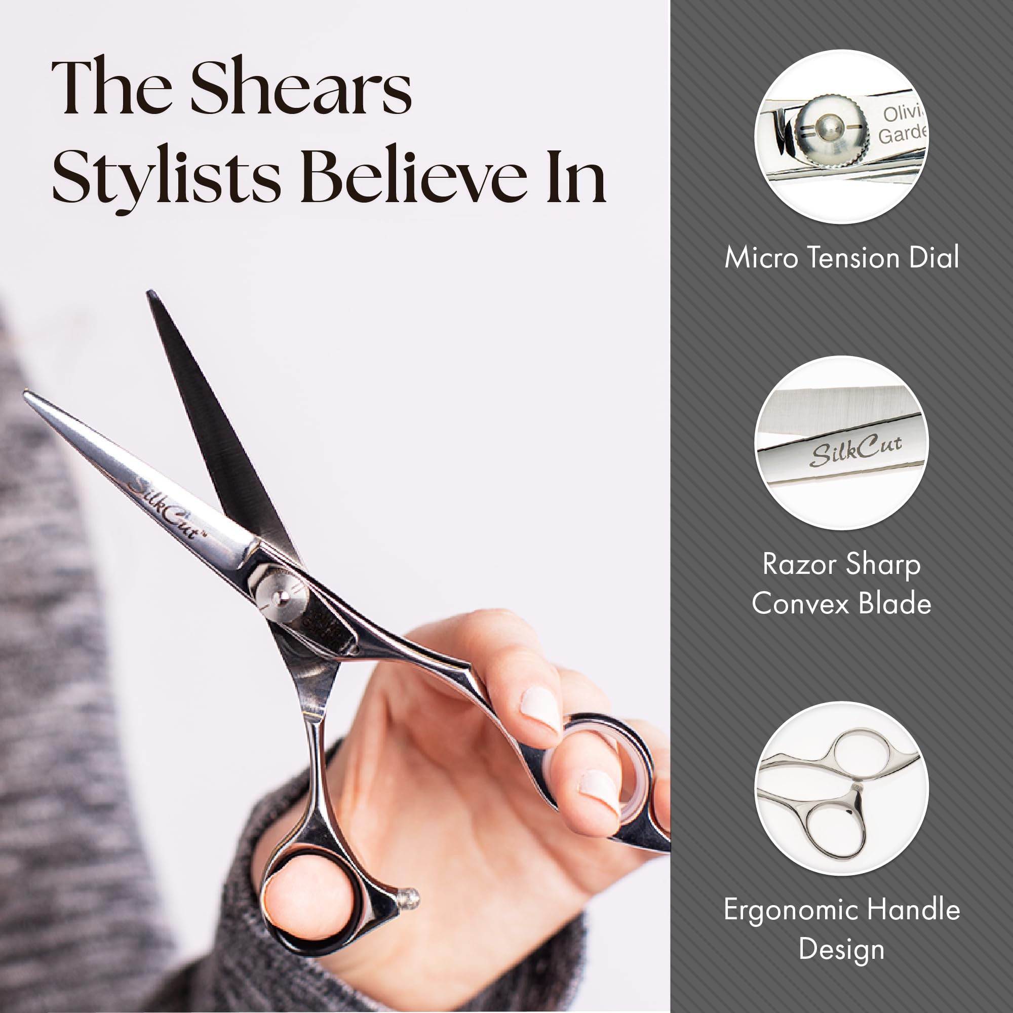 Close up view of the Olivia Garden SilkCut convex razor sharp blades and adjustable micro tension dial