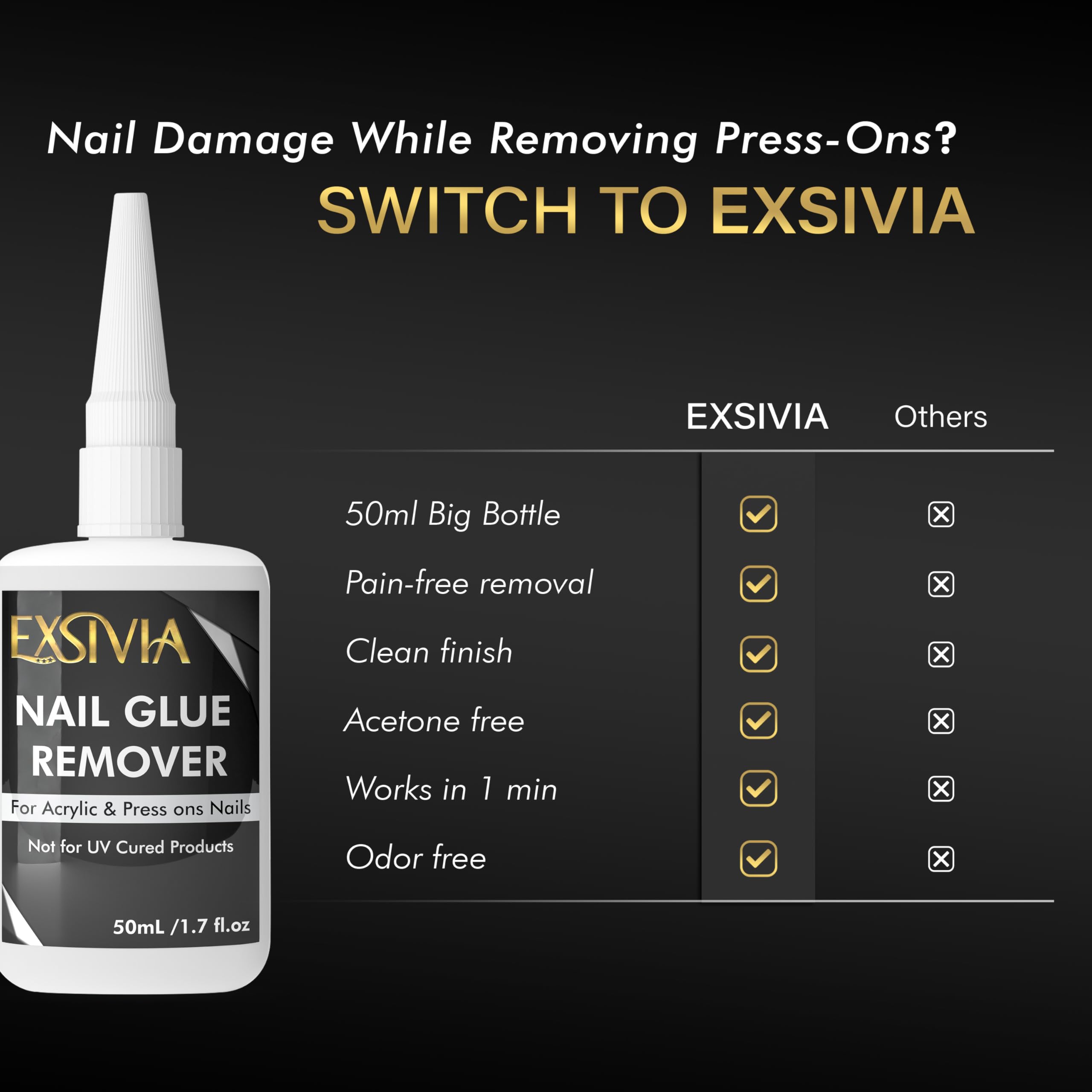 Hand holding Exsivia 50ml bottle for false nail removal