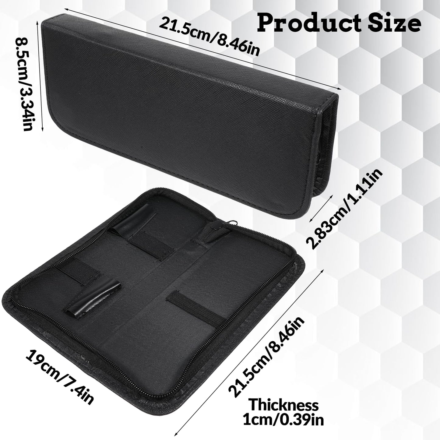 Zelphvt hair shear case opened flat displaying internal pockets and straps holding hairdressing tools.