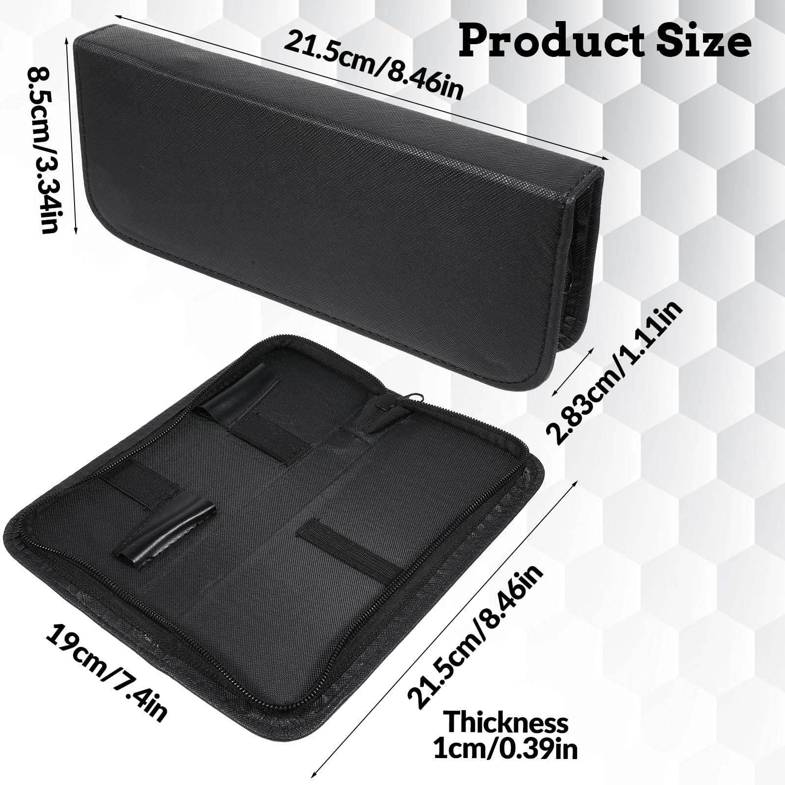 Zelphvt hair shear case opened flat displaying internal pockets and straps holding hairdressing tools.